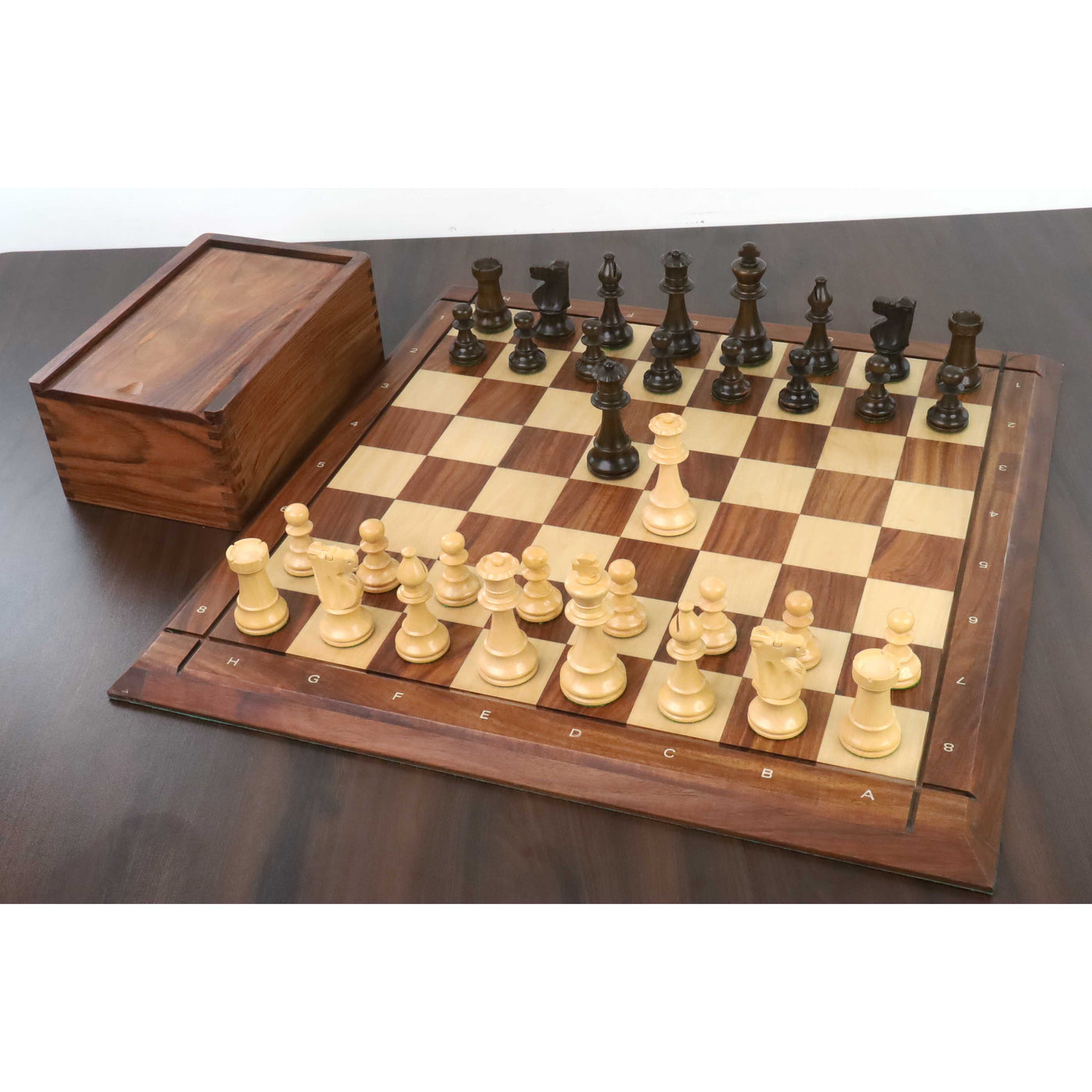 Improved French Lardy Chess Set - Chess Pieces Only - Walnut Stained boxwood - 3.9" King