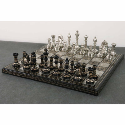 Classic Staunton Brass Metal Luxury Chess Pieces & Board Set - 12"- Silver and Black