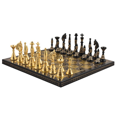 Solid Brass Metal Tribal Artwork Luxury Chess Pieces & Board Set - Black & Gold - 12"