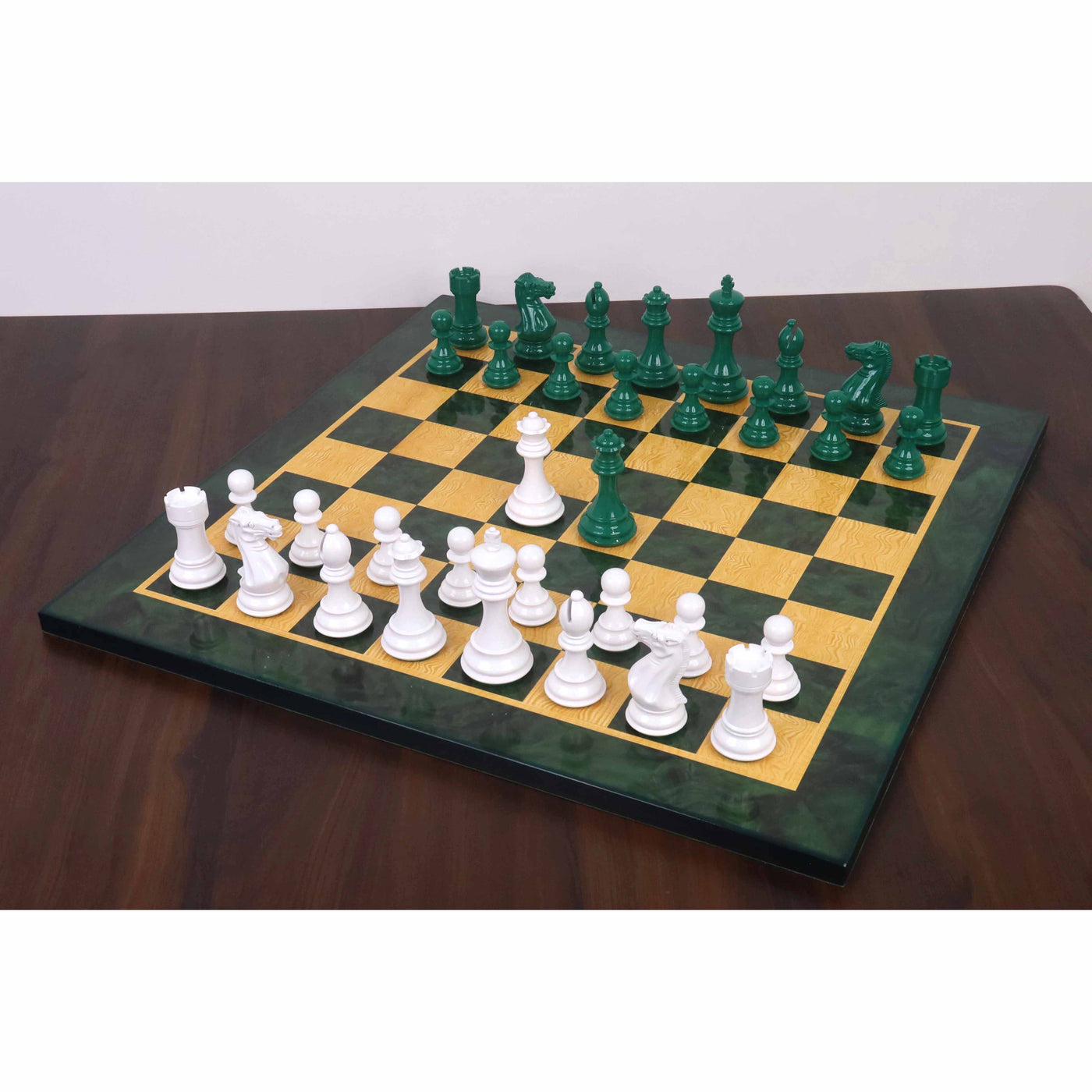 4.1" Pro Staunton Weighted Green & White Painted Wooden Chess Set- Chess Pieces Only