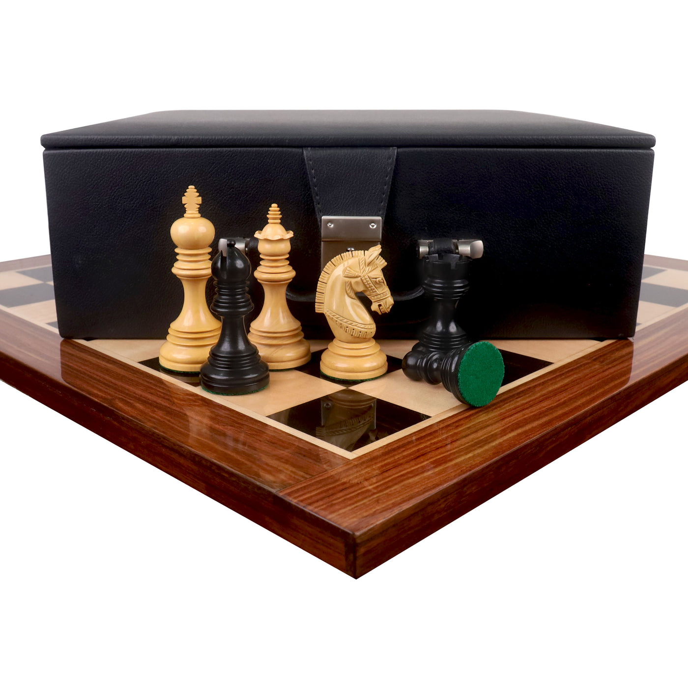 Combo of 4.1" Stallion Staunton Luxury Chess Set - Pieces in Ebony Wood with 23" Large Ebony & Maple Wood Chessboard and Storage Box