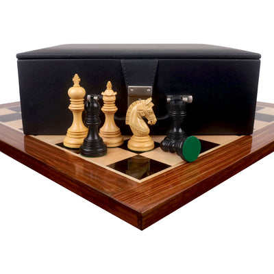Combo of 4.1" Stallion Staunton Luxury Chess Set - Pieces in Ebony Wood with 23" Large Ebony & Maple Wood Chessboard and Storage Box