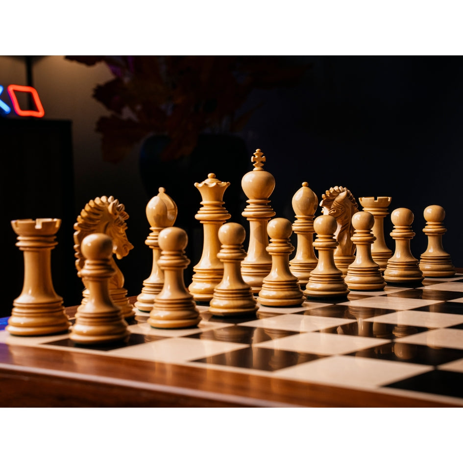 Exquisite 23" Ebony & Maple Chessboard with 4.6" Mogul Staunton Luxury Pieces in Ebony Wood