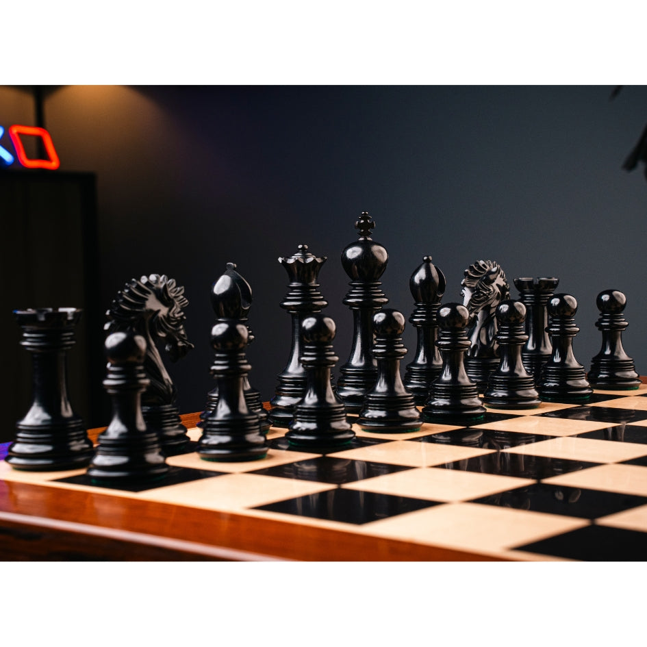 Exquisite 23" Ebony & Maple Chessboard with 4.6" Mogul Staunton Luxury Pieces in Ebony Wood