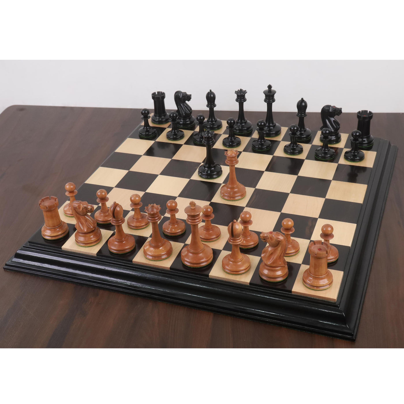 19th century B & Co Reproduced Luxury Chess Set- Chess Pieces Only- Ebony Wood & Antiqued Boxwood– 4.2″ King