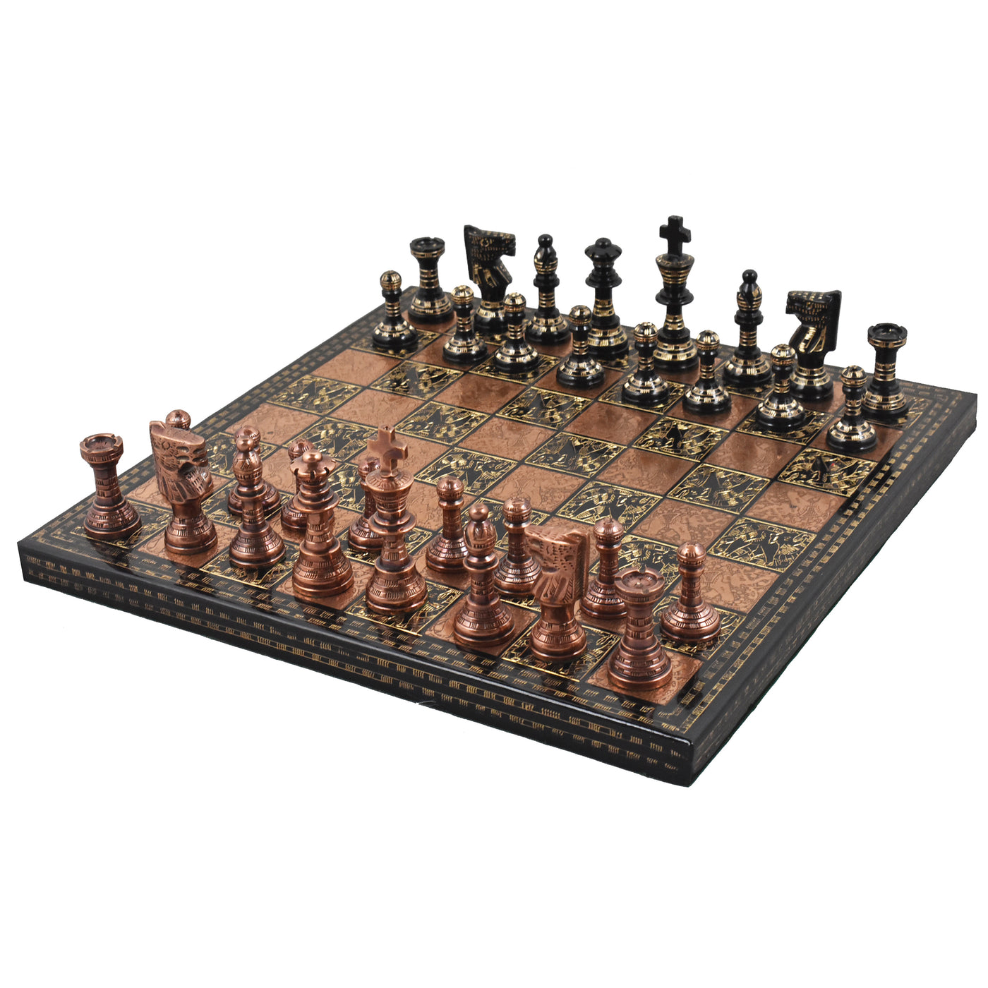 12" Brass Metal Luxury Chess Pieces & Board Set- French Staunton -Copper & Black