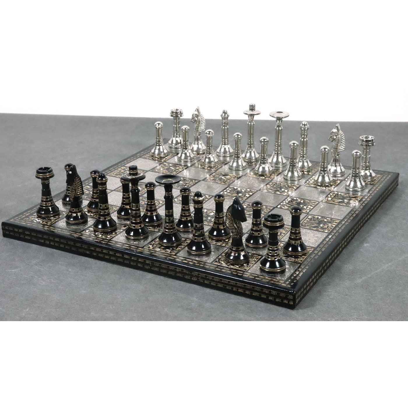 Hawaiian Crown Brass Metal Luxury Chess Pieces & Board Set -14" Silver and Black