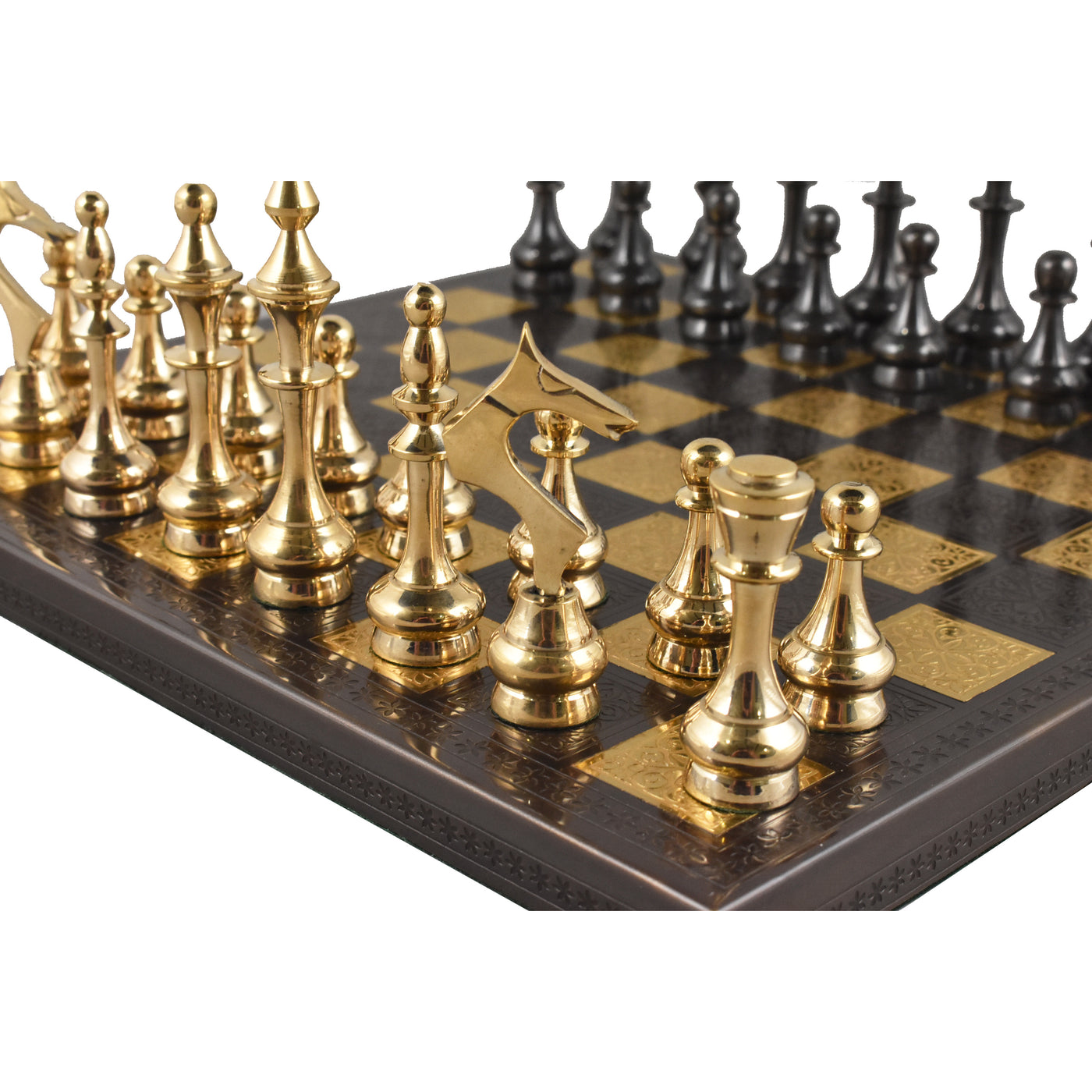 Soviet Brass Metal Luxury Chess Pieces & Board Set - 12" - Steel Grey & Gold