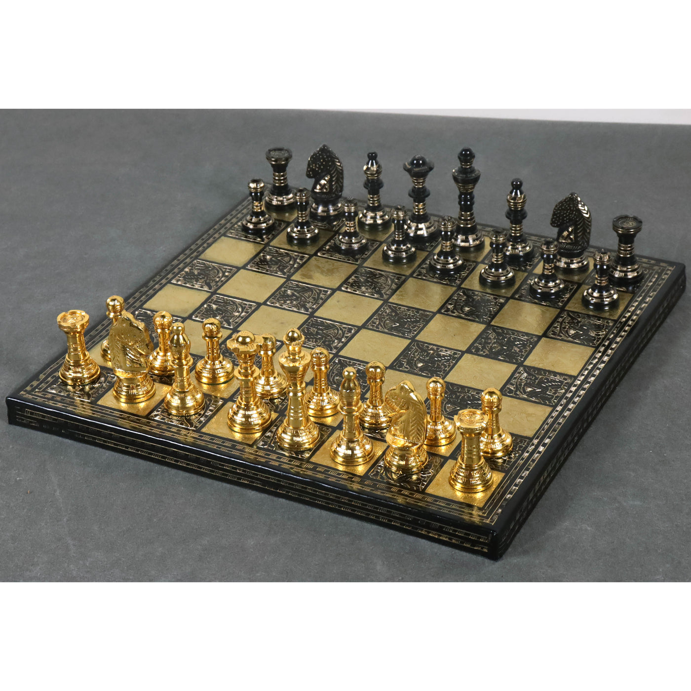 Staunton Inspired Brass Metal Luxury Chess Pieces & Board Set -12"- Gold & Black