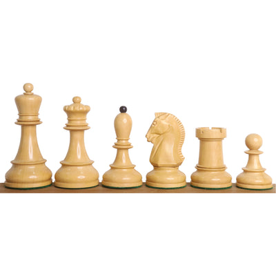Combo of 1950s' Fischer Dubrovnik Chess Set - Pieces in Mahogany Stained & Boxwood with 21" Chess Board and Leatherette Coffer Storage Box