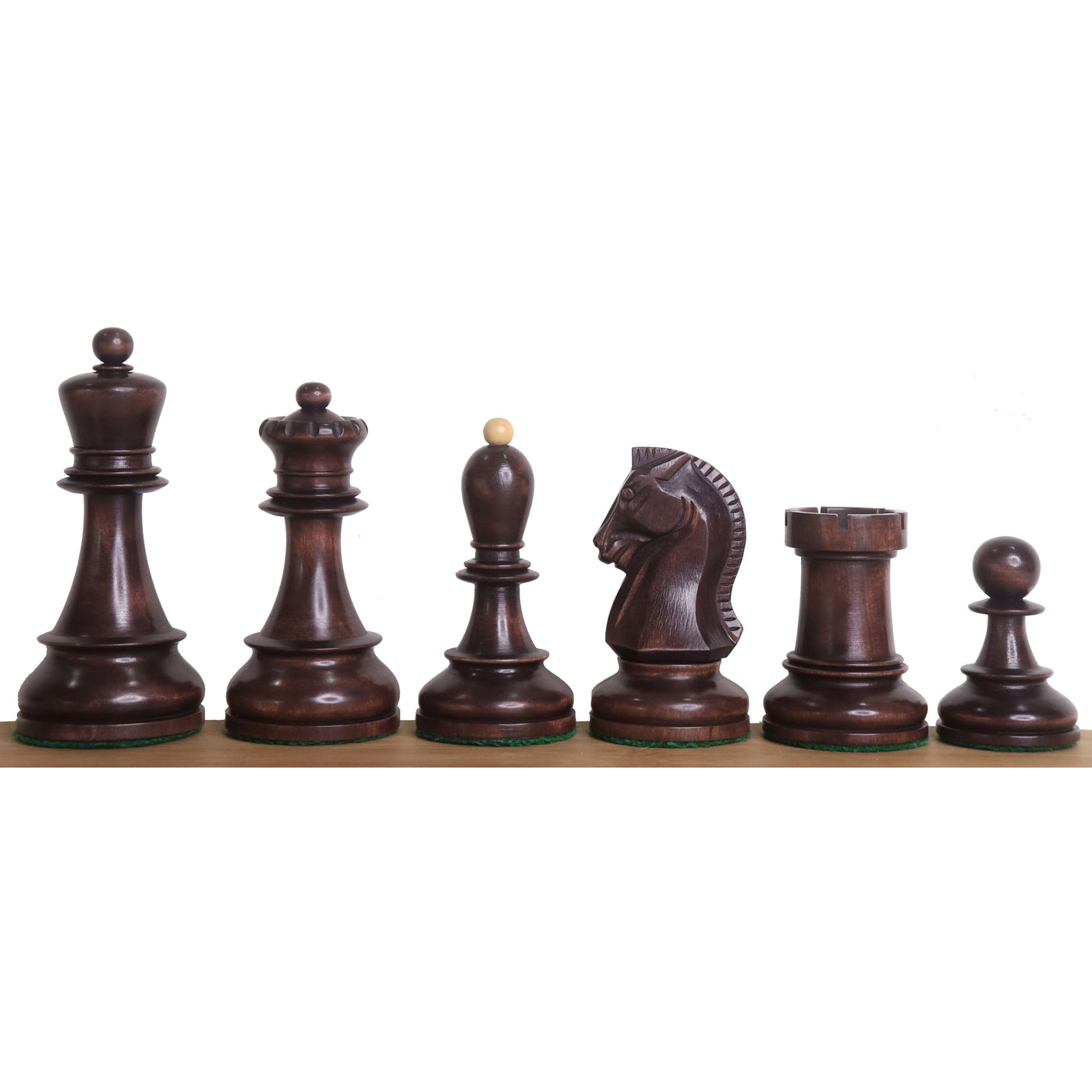 Combo of 1950s' Fischer Dubrovnik Chess Set - Pieces in Mahogany Stained & Boxwood with 21" Chess Board and Leatherette Coffer Storage Box