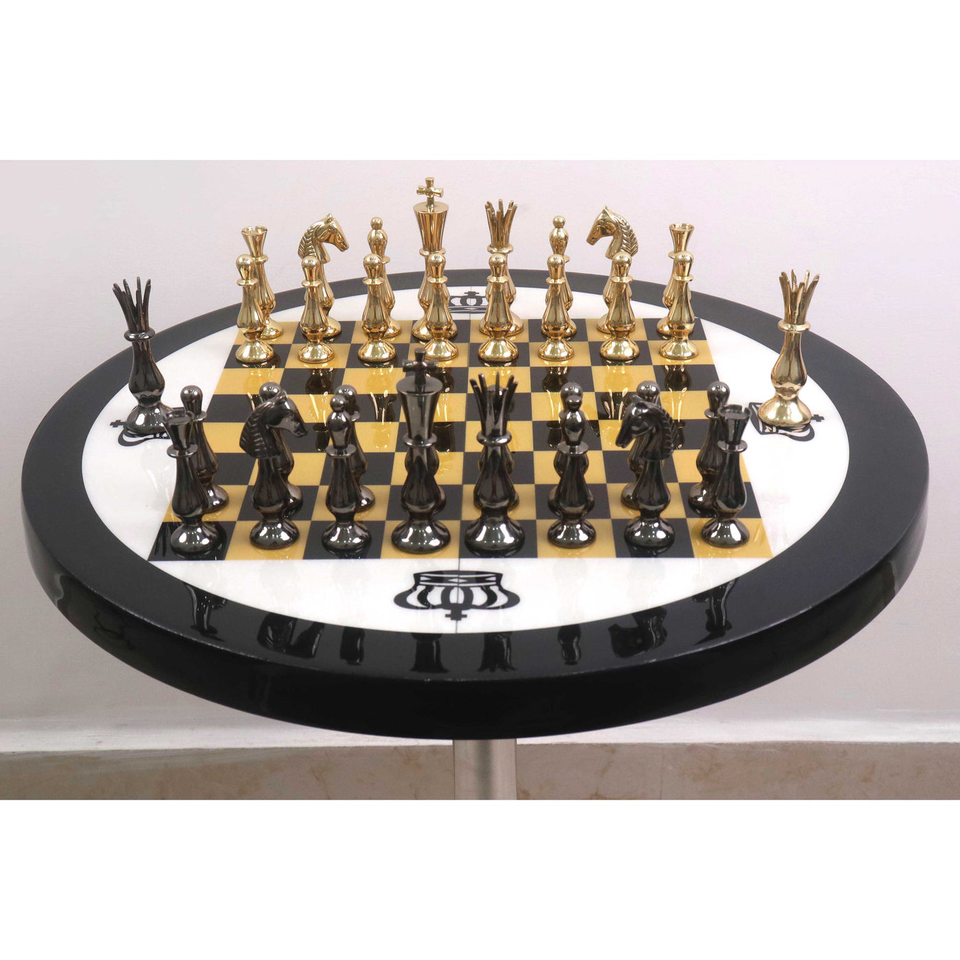 17" Minimalist Brass Metal Luxury Chess Pieces, Board and Table Set - 21" Height