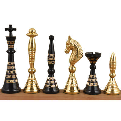 Solid Brass Metal Tribal Artwork Luxury Chess Pieces & Board Set - Black & Gold - 12"