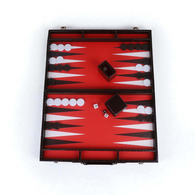 18" Black Leatherette Backgammon Set – Briefcase Style Travel Board Game with Red & White Playing Surface