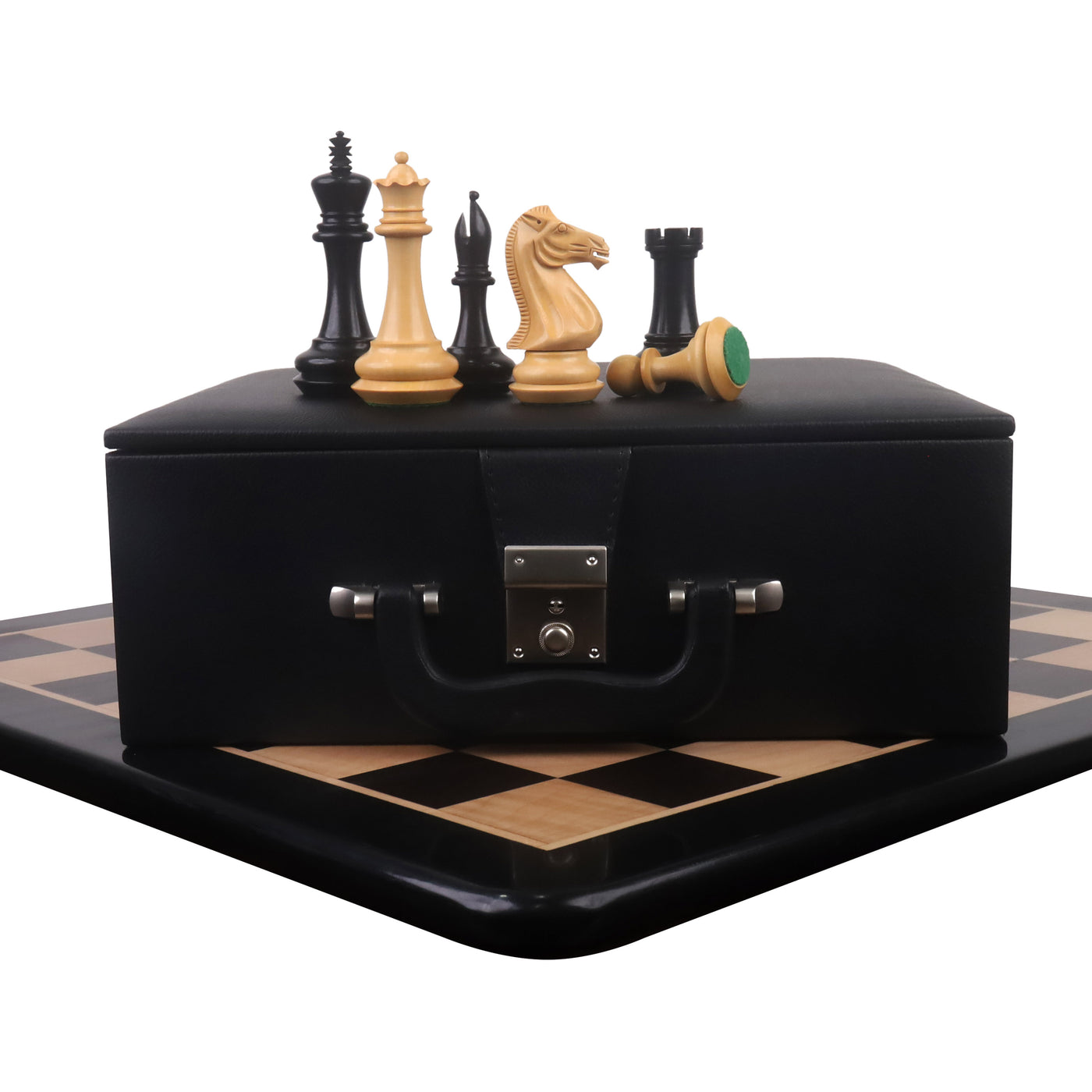 Combo of Chamfered Base Staunton Chess Set - Pieces in Ebony Wood with Board and Box