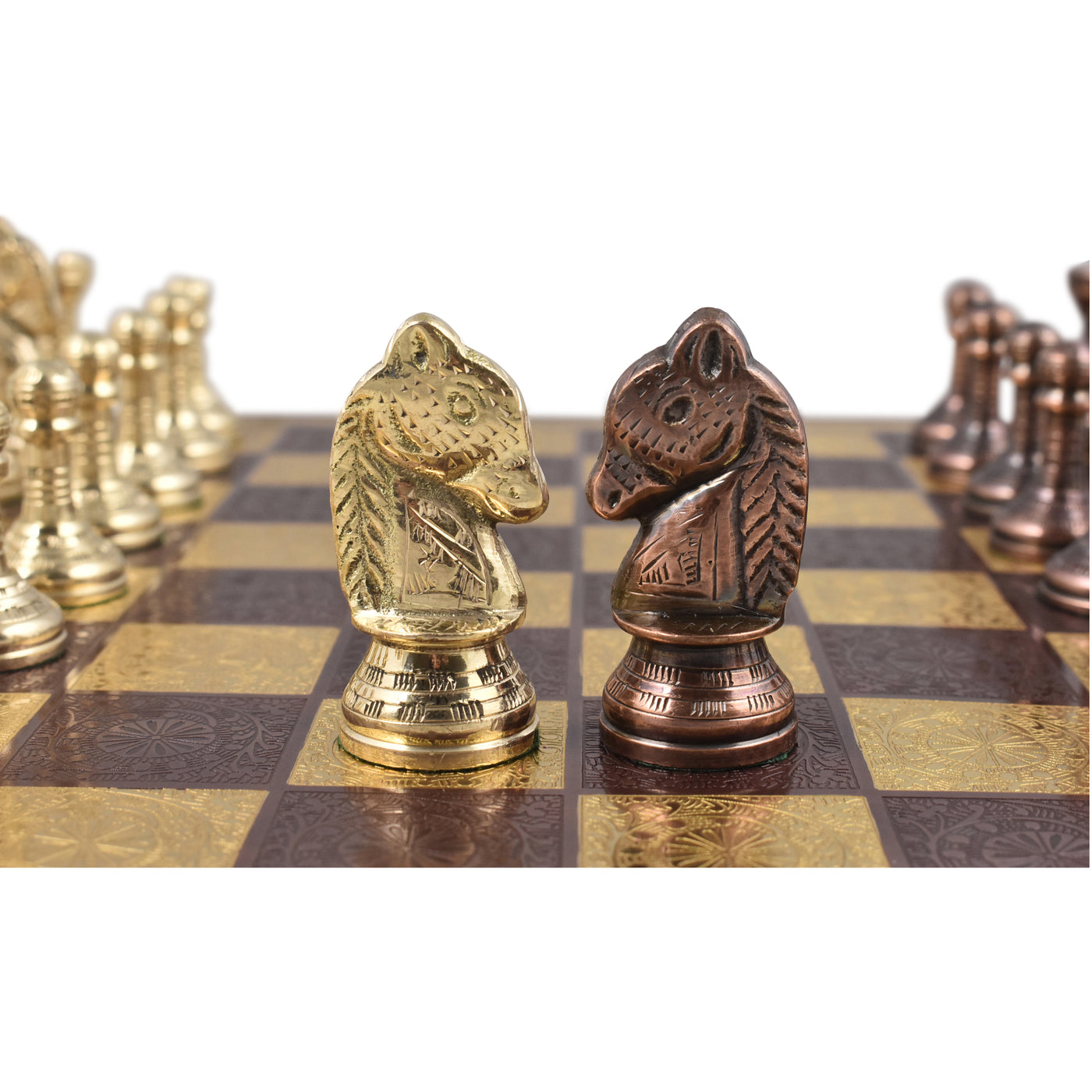 Slightly Imperfect Staunton Inspired Brass Metal Luxury Chess Pieces & Board Set - 12" -Copper & Gold- Unique Art Work