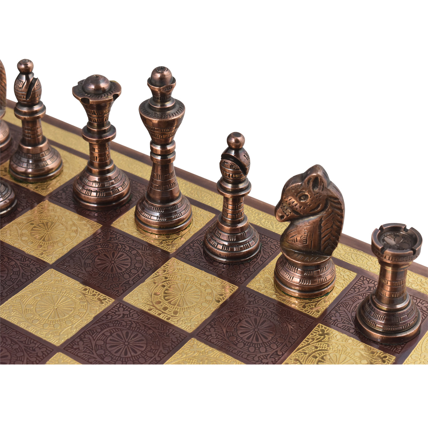 Staunton Inspired Brass Metal Luxury Chess Pieces & Board Set - 12" -Copper & Gold- Unique Art