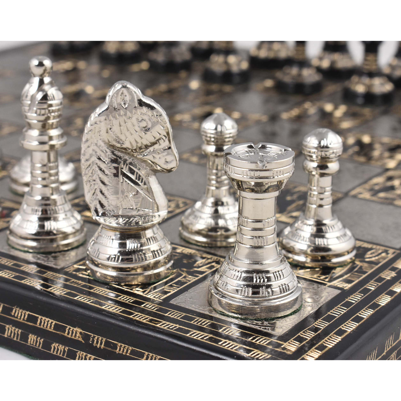 Staunton Inspired Brass Metal Luxury Chess Pieces & Board Set-12"-Silver & Black