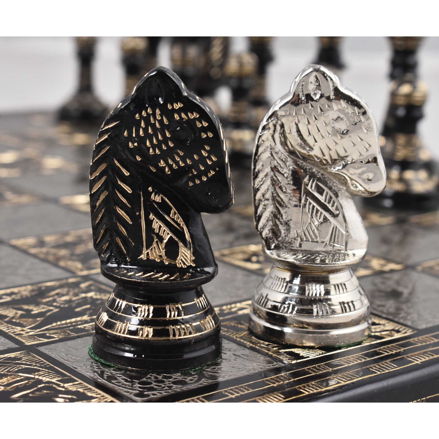 Staunton Inspired Brass Metal Luxury Chess Pieces & Board Set-12"-Silver & Black