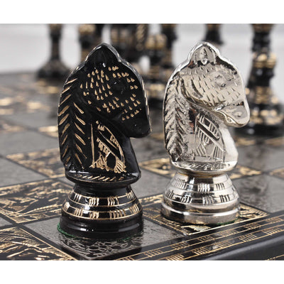 Staunton Inspired Brass Metal Luxury Chess Pieces & Board Set-12"-Silver & Black