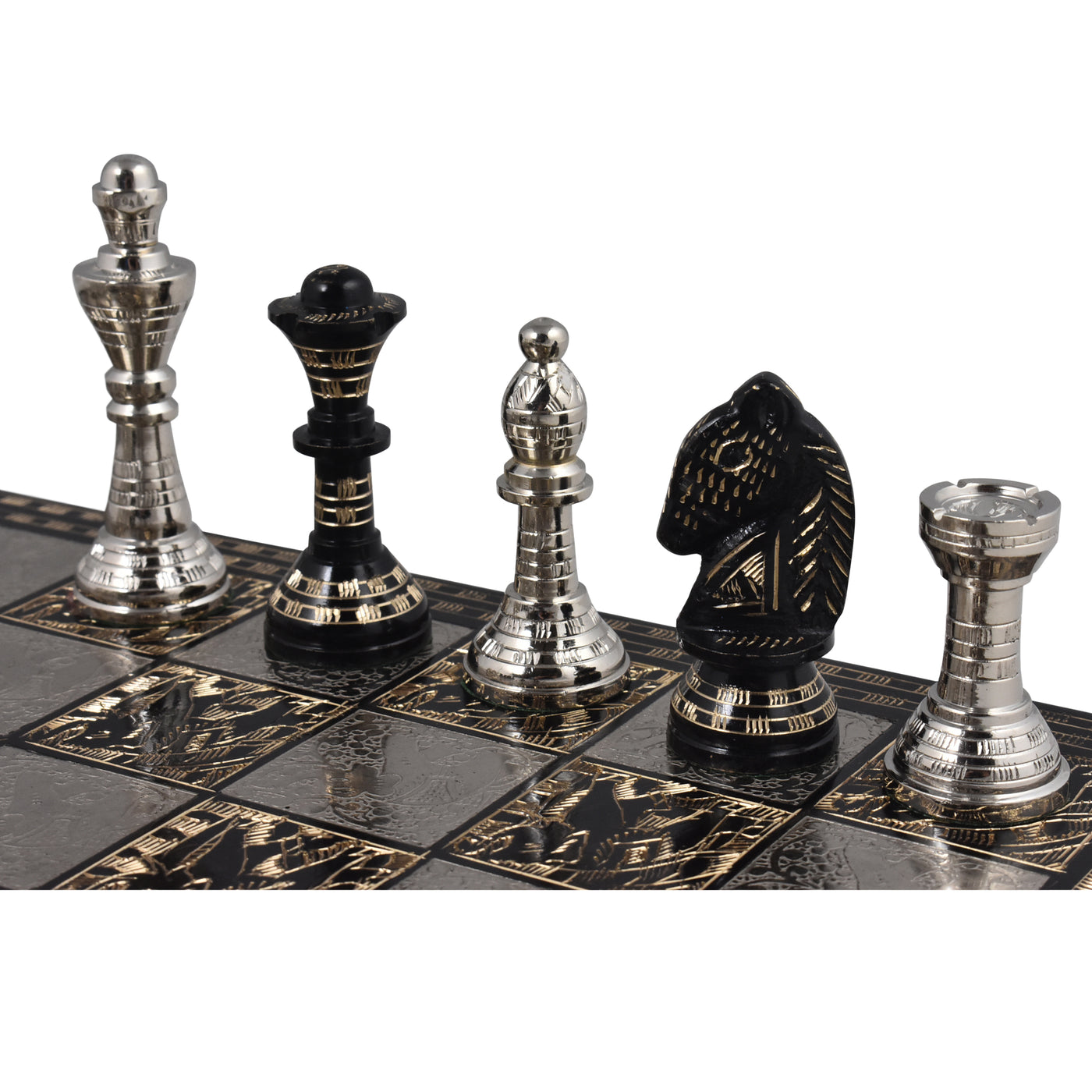 Staunton Inspired Brass Metal Luxury Chess Pieces & Board Set-12"-Silver & Black