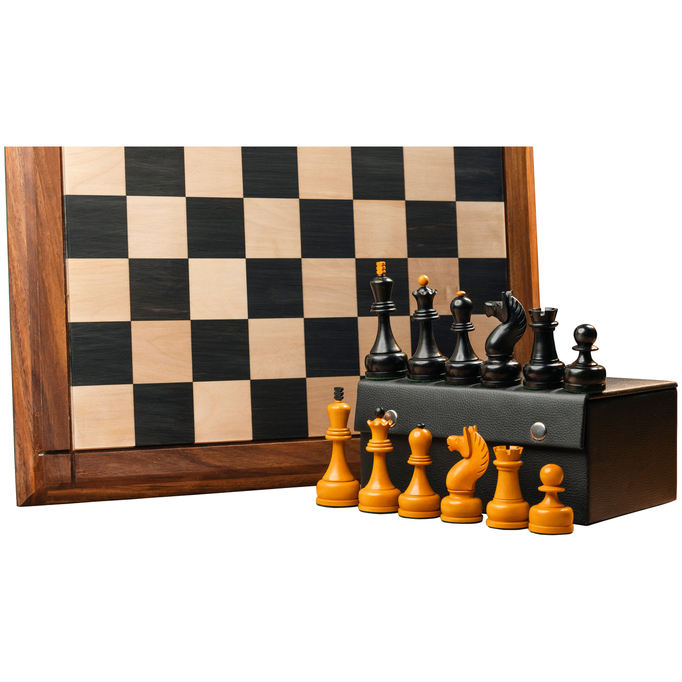 Combo of 1960's Soviet Championship Tal Chess Set - Pieces in Antiqued Boxwood with 21" Chess Board and Storage Box