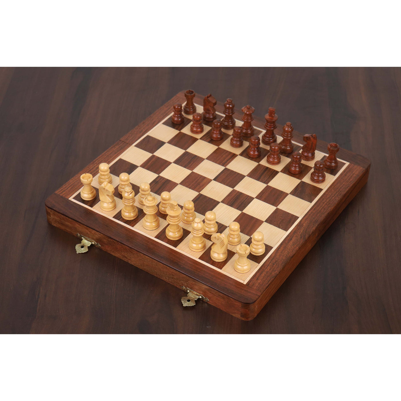 2 in 1 Magnetic Travel Chess & Backgammon set in Golden Rosewood 10 inches