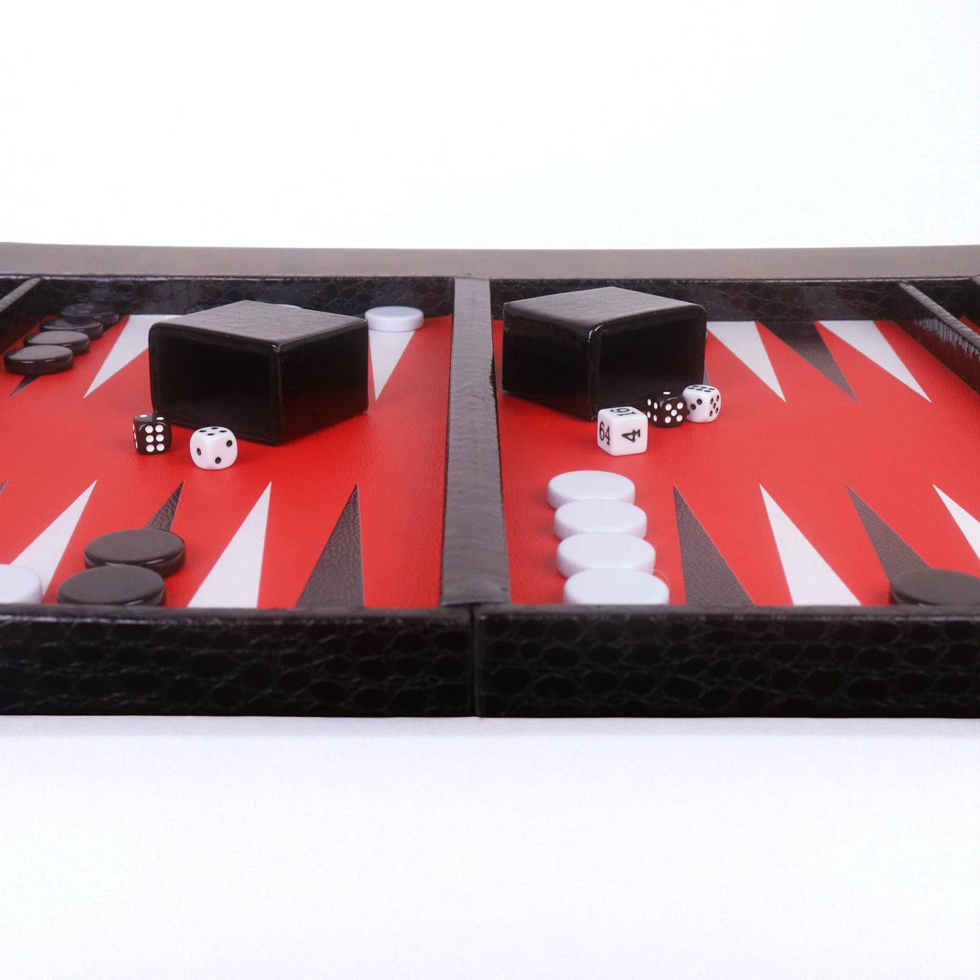 18" Black Leatherette Backgammon Set – Briefcase Style Travel Board Game with Red & White Playing Surface