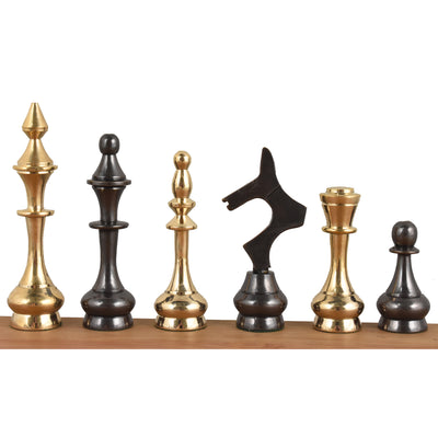 Soviet Brass Metal Luxury Chess Pieces & Board Set - 12" - Steel Grey & Gold