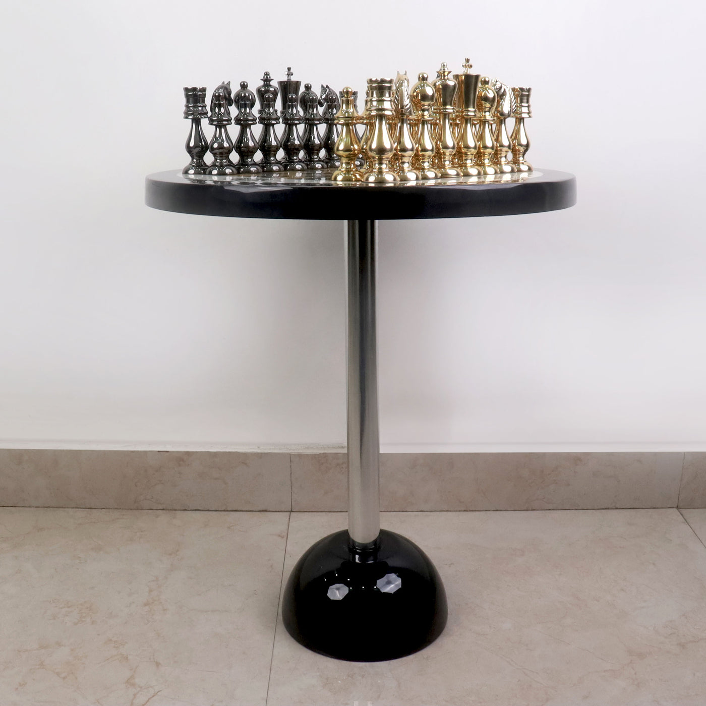 Minimalist Brass Metal Luxury Chess Pieces, Board and Table Set - 21" tall