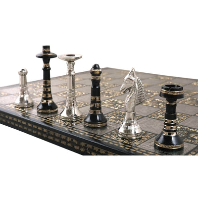 Hawaiian Crown Brass Metal Luxury Chess Pieces & Board Set -14" Silver and Black