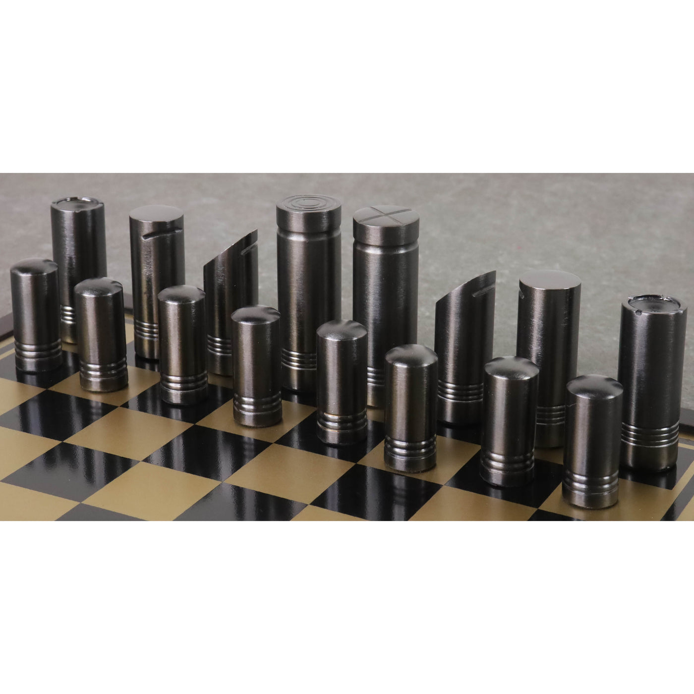 14" Tower Series Brass Metal Luxury Chess Pieces & Board Combo Set - Gold & Grey