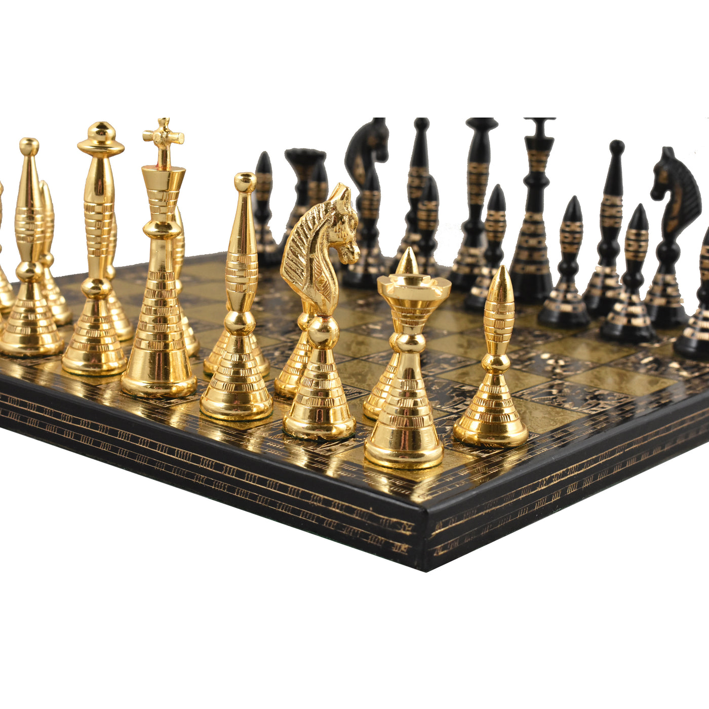 Solid Brass Metal Tribal Artwork Luxury Chess Pieces & Board Set - Black & Gold - 12"