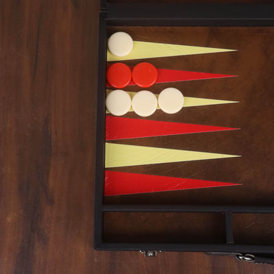 18" Ebony Black Leatherette Backgammon Set – Luxury Briefcase Style Travel Board Game with Brown & Red Inlay