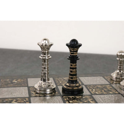 Classic Staunton Brass Metal Luxury Chess Pieces & Board Set - 12"- Silver and Black