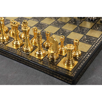 Staunton Inspired Brass Metal Luxury Chess Pieces & Board Set -12"- Gold & Black