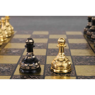 Soviet Inspired Brass Metal Luxury Chess Pieces & Board Set- 14" - Black & Gold - Unique Art