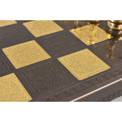 Soviet Brass Metal Luxury Chess Pieces & Board Set - 12" - Steel Grey & Gold