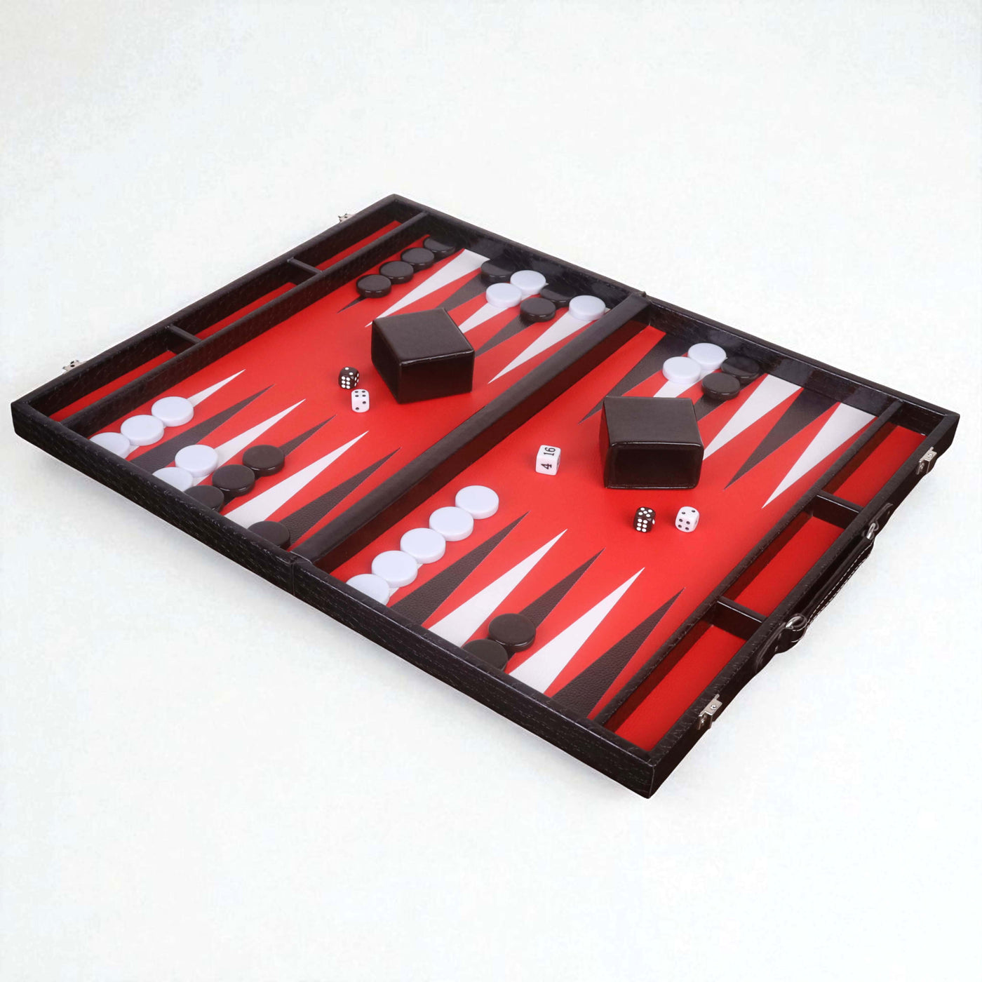 18" Black Leatherette Backgammon Set – Briefcase Style Travel Board Game with Red & White Playing Surface