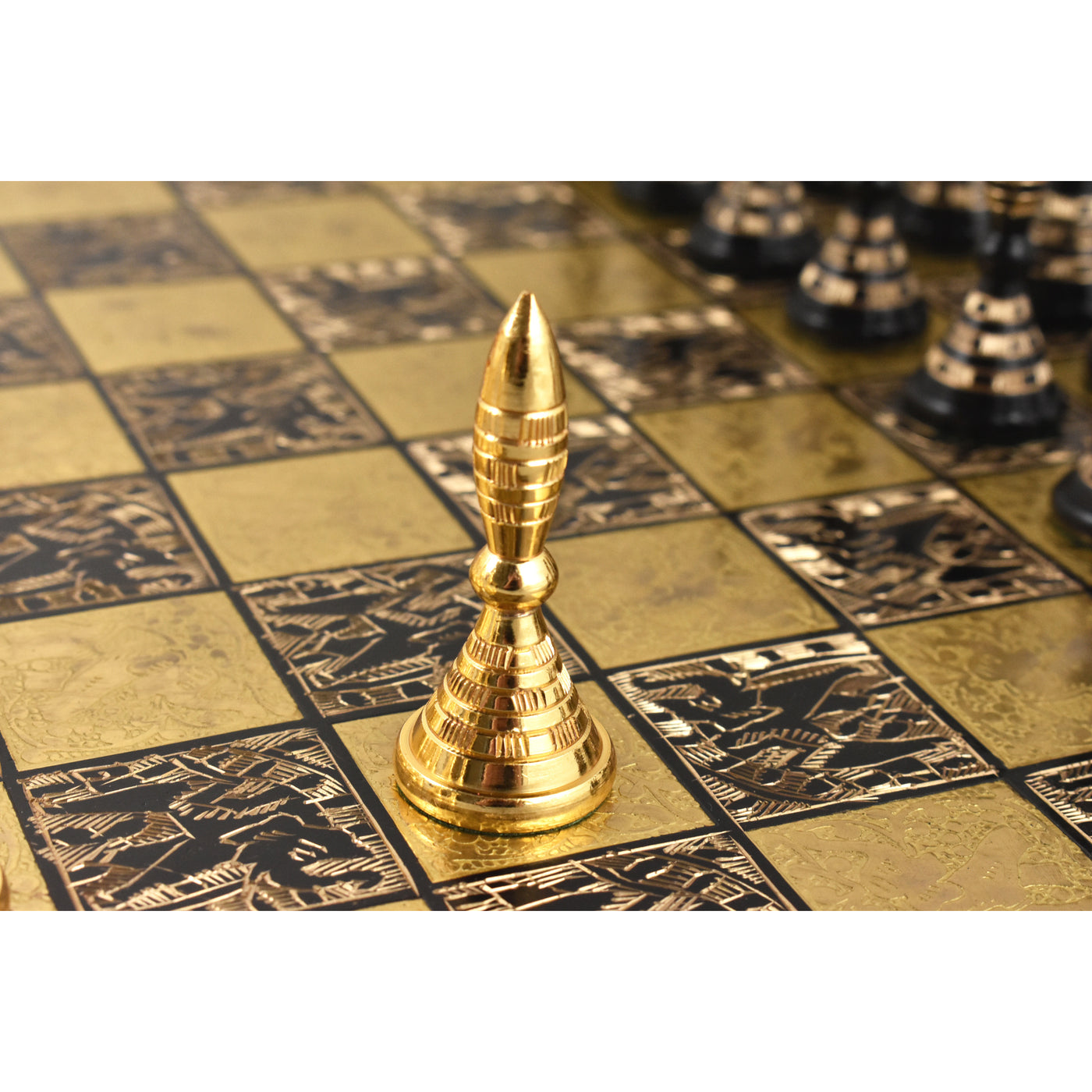 Solid Brass Metal Tribal Artwork Luxury Chess Pieces & Board Set - Black & Gold - 12"