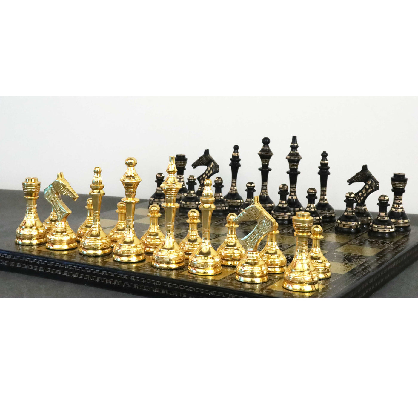 Soviet Inspired Brass Metal Luxury Chess Pieces & Board Set- 14" - Black & Gold - Unique Art