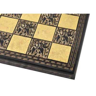 Solid Brass Metal Tribal Artwork Luxury Chess Pieces & Board Set - Black & Gold - 12"