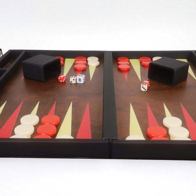 18" Ebony Black Leatherette Backgammon Set – Luxury Briefcase Style Travel Board Game with Brown & Red Inlay