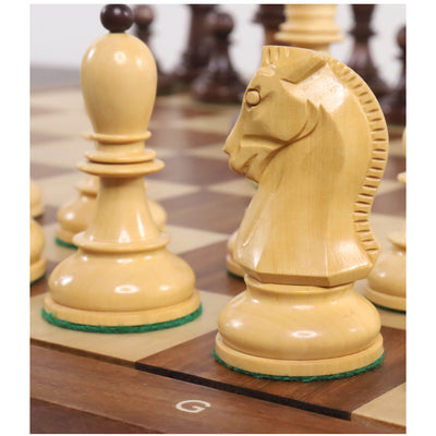 Combo of 1950s' Fischer Dubrovnik Chess Set - Pieces in Mahogany Stained & Boxwood with 21" Chess Board and Leatherette Coffer Storage Box