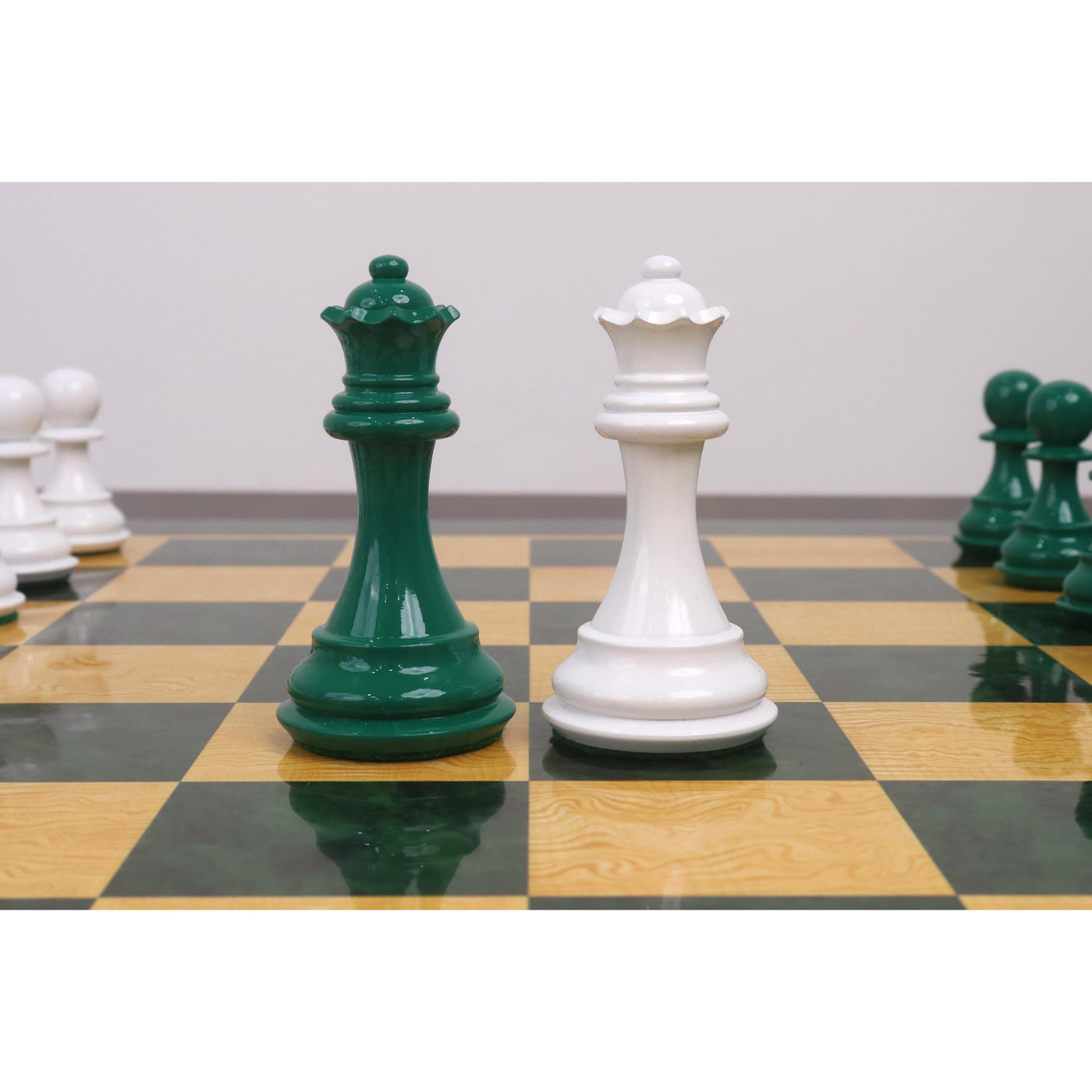4.1" Pro Staunton Weighted Green & White Painted Wooden Chess Set- Chess Pieces Only