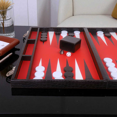 18" Black Leatherette Backgammon Set – Briefcase Style Travel Board Game with Red & White Playing Surface