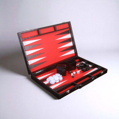 18" Black Leatherette Backgammon Set – Briefcase Style Travel Board Game with Red & White Playing Surface