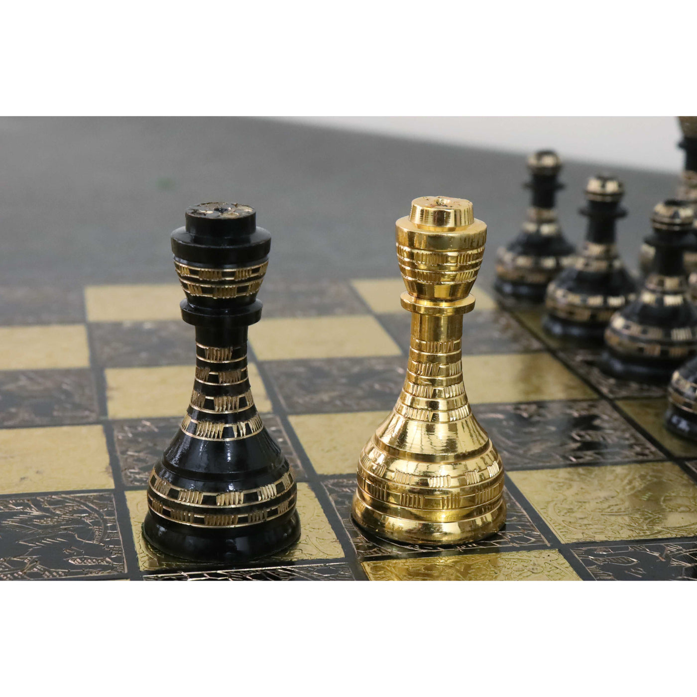 Soviet Inspired Brass Metal Luxury Chess Pieces & Board Set- 14" - Black & Gold - Unique Art