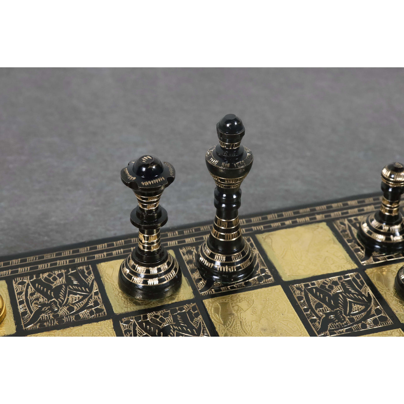 Staunton Inspired Brass Metal Luxury Chess Pieces & Board Set -12"- Gold & Black