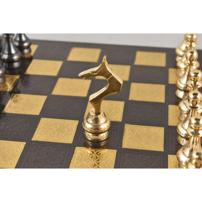 Soviet Brass Metal Luxury Chess Pieces & Board Set - 12" - Steel Grey & Gold